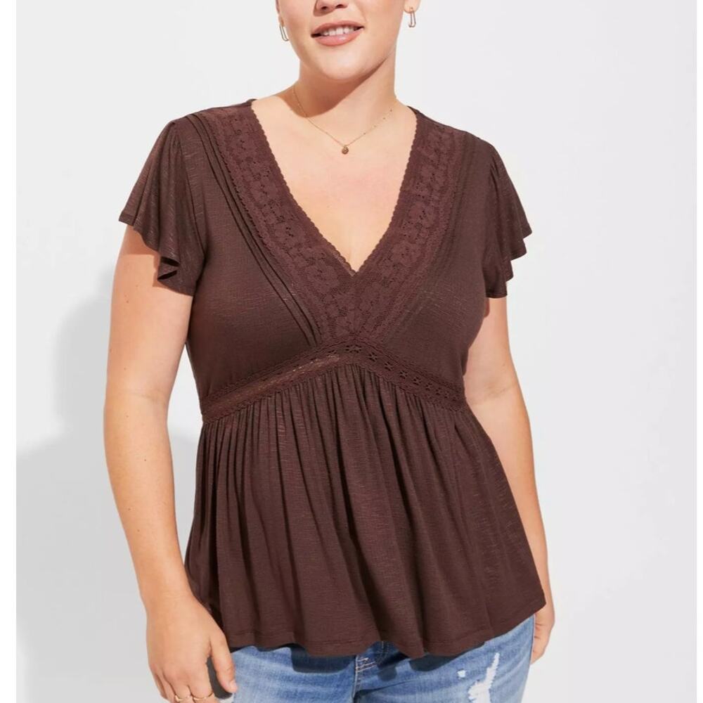 2/$15 Torrid Knit V-Neck Lace Inset Babydoll Top Brown Plus Size 5X